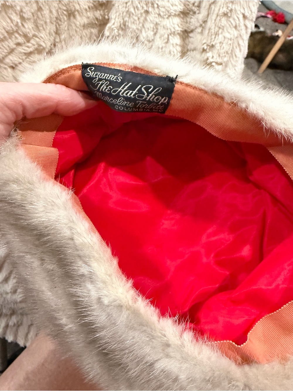 Columbia Fur-Trim Hat in Cream with Red Lining